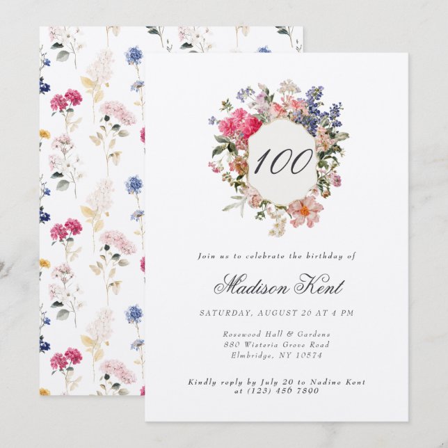 Invitation Painted Floral Crest 100e fête d'anniversaire (Devant / Derrière)
