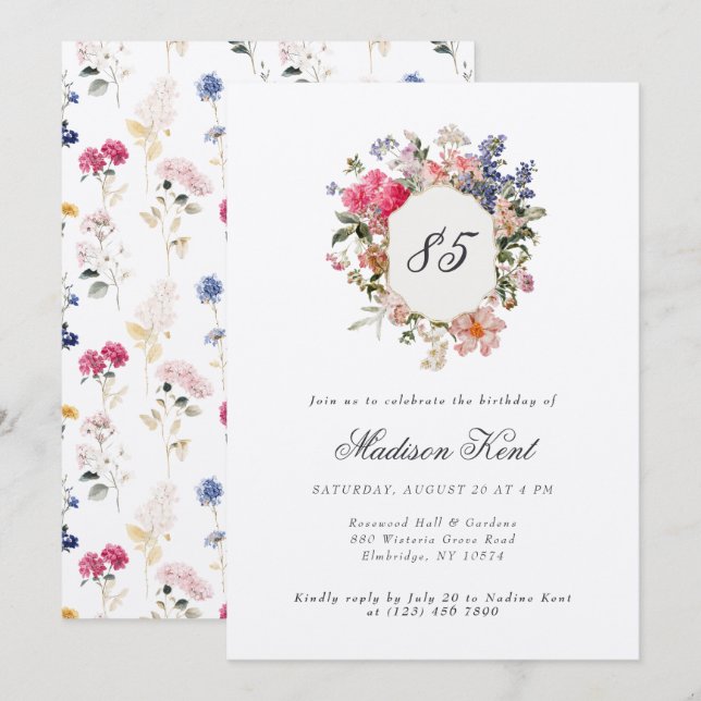 Invitation Painted Floral Crest 85e anniversaire (Devant / Derrière)