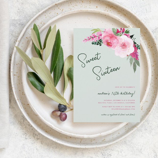 Invitation Painted Floral Rose Vert Douceur 16 Anniversaire (Créateur téléchargé)