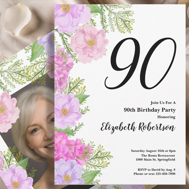 Invitation Painted Flower Custom Photo Template 90th Birthday (Créateur téléchargé)