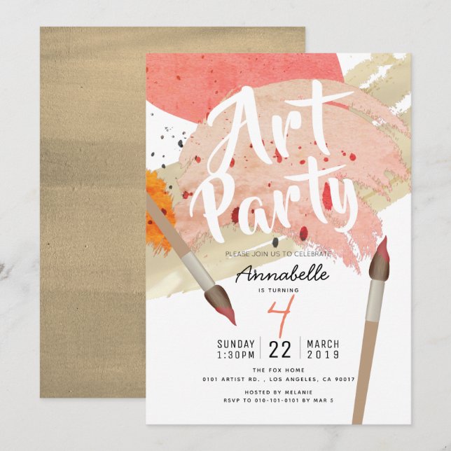 Invitation Painting Art Party Modern Chic GIrl Anniversaire (Devant / Derrière)
