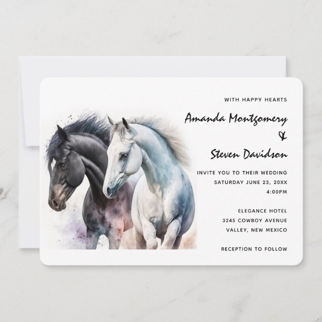 Invitation Paire de cheval noir et blanc en aquarelle (Devant)