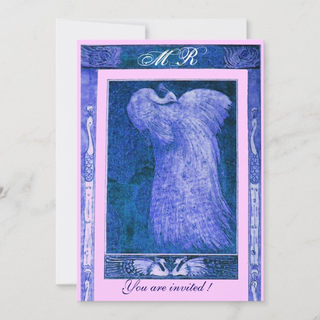 Invitation Paire de paons MONOGRAMME AMOUR MARIAGE , bleu bla (Devant)