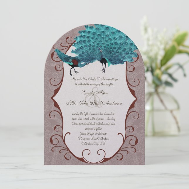 Invitation Paire parfaite Turquoise et Mink Damask Peacock (Debout devant)