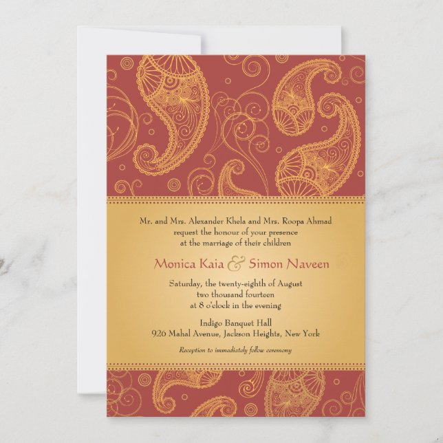 Invitation Paisley Dreams Gold Orange Mariage (Devant)