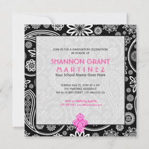 Invitation Paisley florale noire et blanche - Élégant Invitat