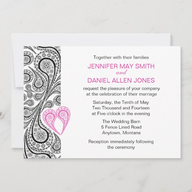 Invitation Paisley Heart Hot Rose Et Noir Mariage Inviter (Devant)