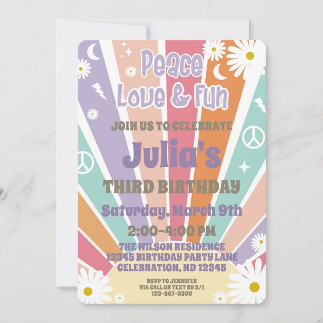 Invitation Paix Amour & Amusement Fille Hippie Groovy Soleil  (Devant)