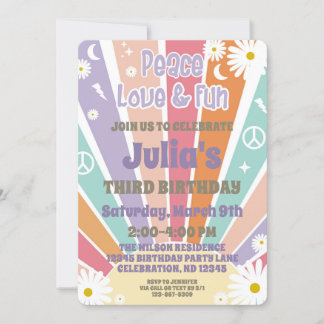 Invitation Paix Amour & Amusement Fille Hippie Groovy Soleil 
