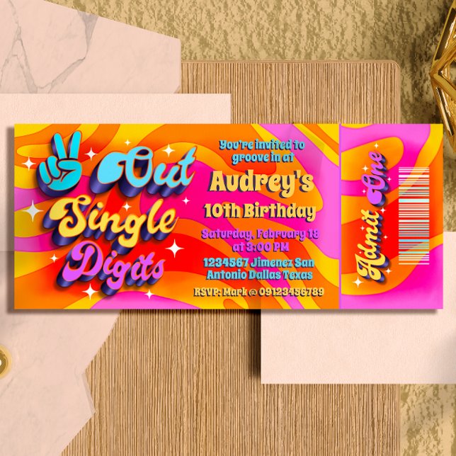 Invitation Paix Out Simple Chiffres J'ai 10 Ans Billet (Peace Out Single Digits - Groovy Retro 10th Birthday Ticket Invitation )