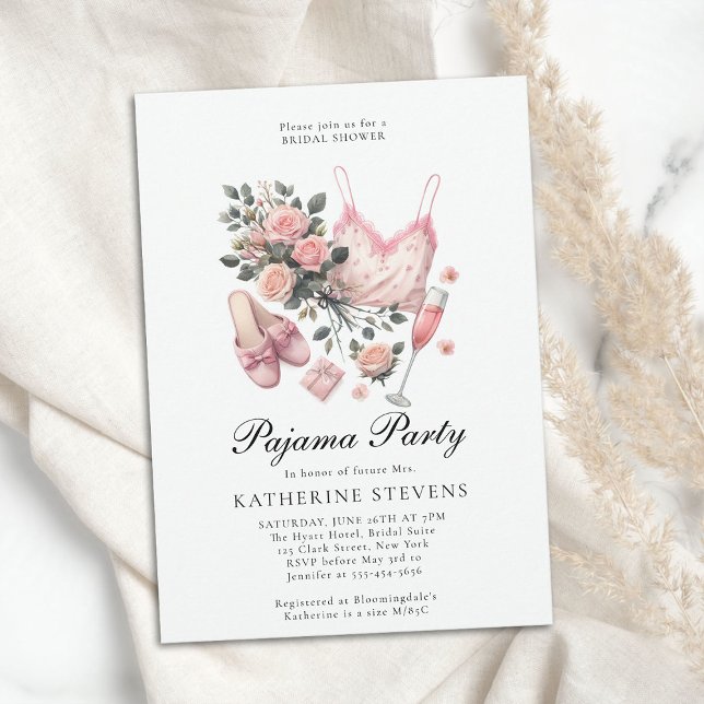 Invitation Pajama Party PJ Lingerie Rose Fête des mariées chi (pajama party bridal shower pj slumber sleepover champagne roses watercolor pink elegant classy chic)