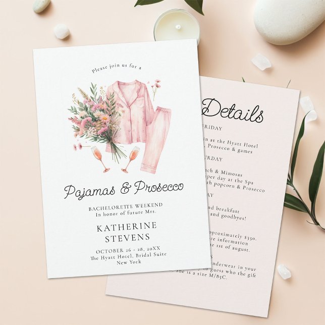 Invitation Pajamas Procuco Fleur sauvage Bachelorette Itinéra (pajamas prosecco bachelorette itinerary invitation champagne wildflowers lingerie pj elegant classy )