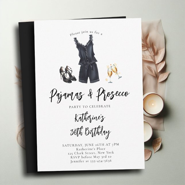 Invitation Pajamas Prosecco PJ Party Black Chic 30e anniversa (pajamas and prosecco 30th birthday invitation adult pj party slumber elegant black robe stilettos)