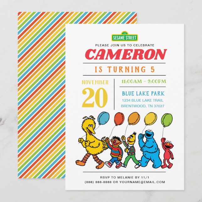 Invitation Pal de rue Sésame | Balloons 5e anniversaire (Devant / Derrière)