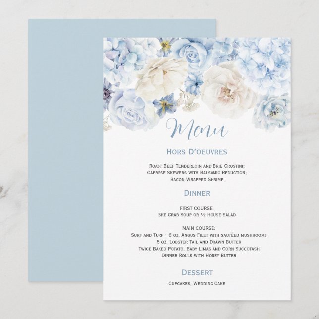 Invitation Pale Blue and White Floral Mariage Menu (Devant / Derrière)