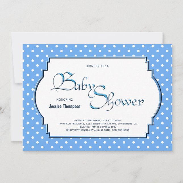 Invitation Pale Blue and White Polka Dot Baby shower (Devant)