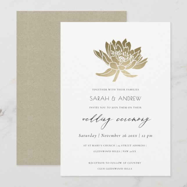 INVITATION PALE GLAMOREUX OR BLANC LOTUS MARIAGE FLORAL (Devant / Derrière)