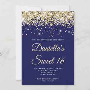 Invitation Pale Gold Glitter Navy Sweet 16
