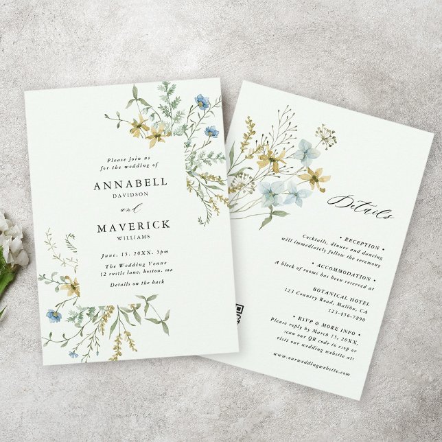 Invitation Pale Green Tout en un Mariage Fleur sauvage délici (Front & Back)
