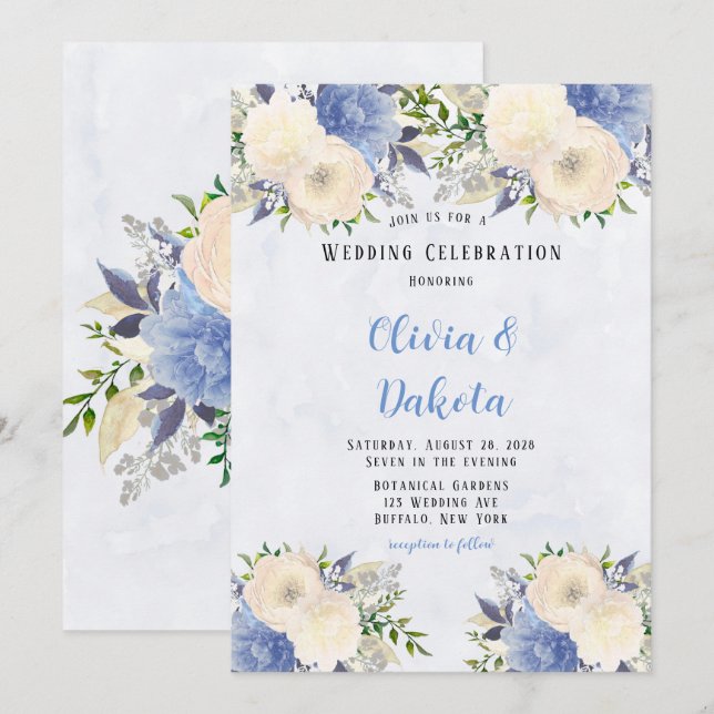 Invitation Pale Jaune Dusty Bleu Mariage de pivoine botanique (Devant / Derrière)