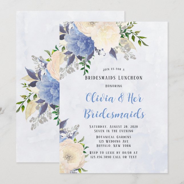 Invitation Pale Jaune Dusty Blue Peony Bridesmaiers Déjeuner (Devant / Derrière)