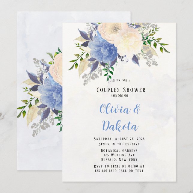 Invitation Pale Jaune Dusty Blue Peony Floral Couples Douche (Devant / Derrière)
