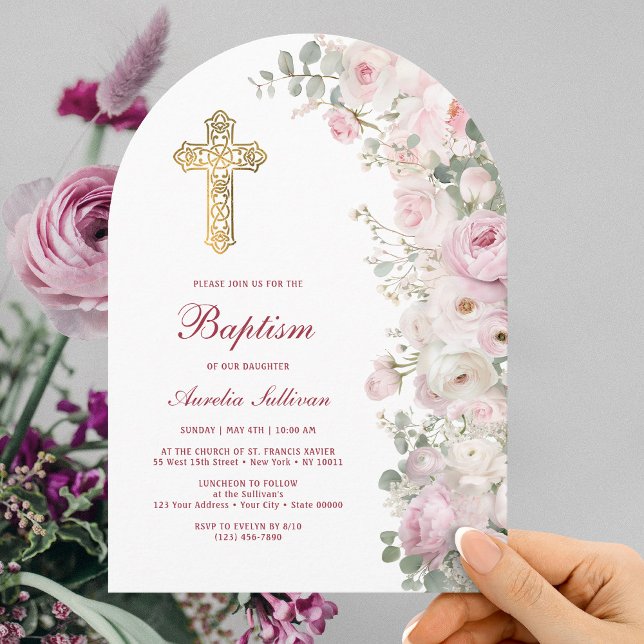 Invitation Pale Pink Flowers Arch Baptism (Créateur téléchargé)