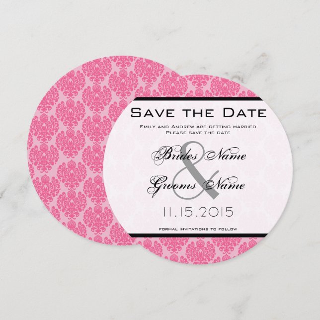 Invitation Pale Rose Hot Pink Mariage damassé Enregistrer la  (Devant / Derrière)
