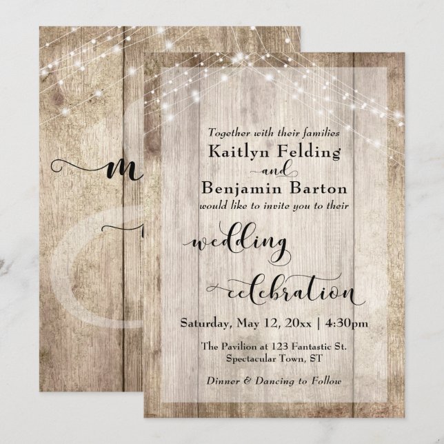 Invitation Pale Wood Lights Mariage Calligraphie de célébrati (Devant / Derrière)