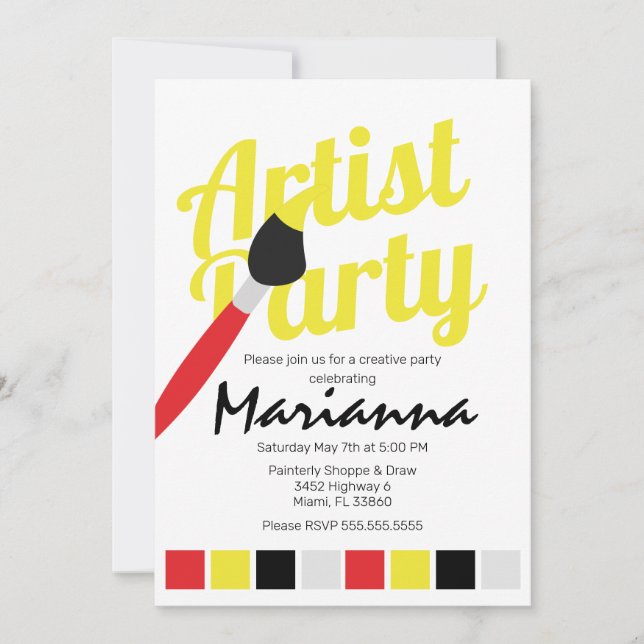 Invitation Palette Artiste Fête Anniversaire Rouge Jaune (Devant)
