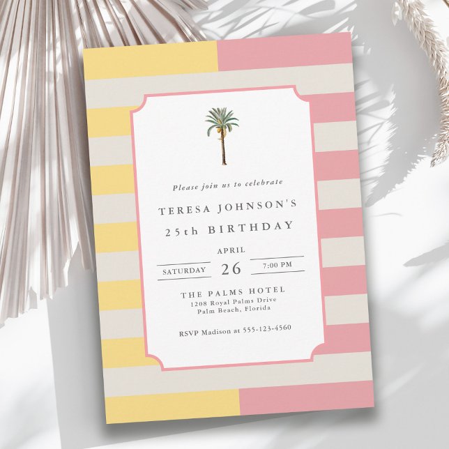 Invitation Palm Beach Pastel Stripe Tropical 25th Birthday (Available in both printed and instant download digital formats.)