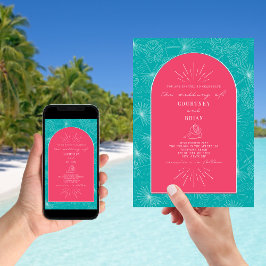Invitation Palm Feuille Seashell Rose Blue Beach Mariage