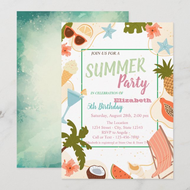Invitation Palm Leaf, Flowers,Fruits Summer Birthday   (Devant / Derrière)