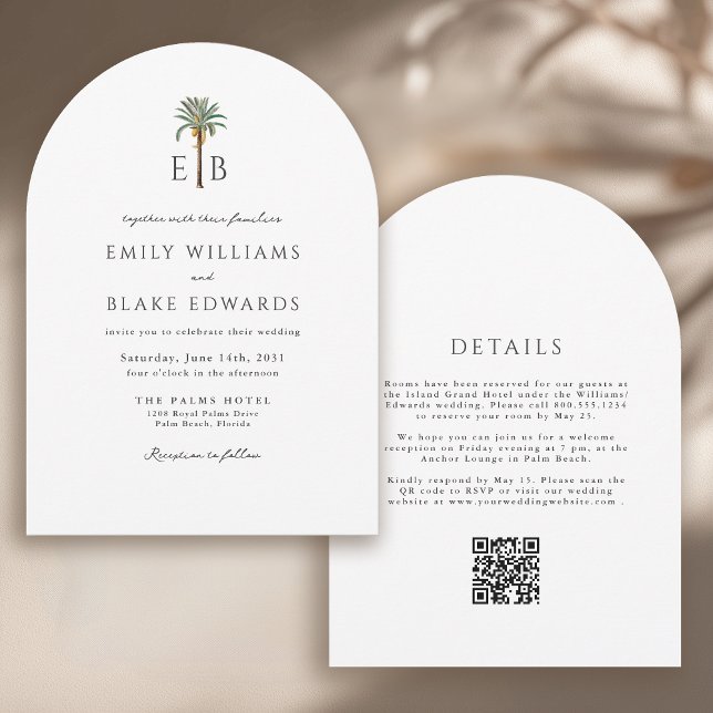 Invitation Palm Monogram Elegant Arch Tropical Wedding QRCode (Créateur téléchargé)