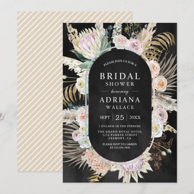 Invitation Palm Séché Boho Pampas Floral Fête des mariées noi (Devant / Derrière)