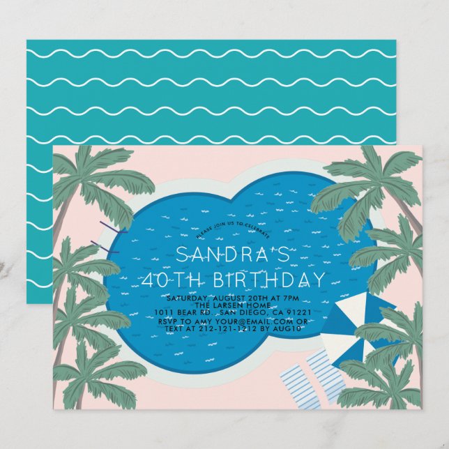 Invitation Palm Springs Pool Party Rose Adulte Anniversaire (Devant / Derrière)