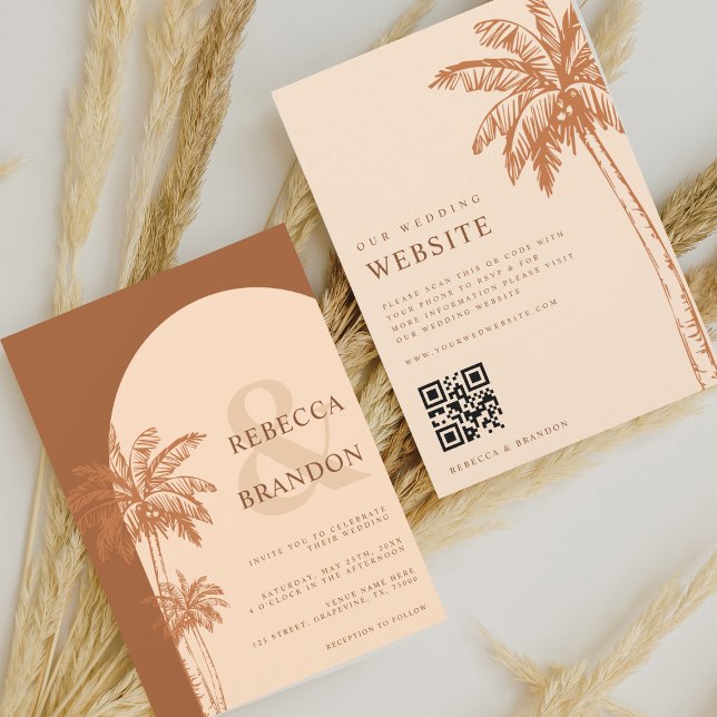 Invitation Palm Tree Boho Beach Terracotta QR Code Mariage (Créateur téléchargé)