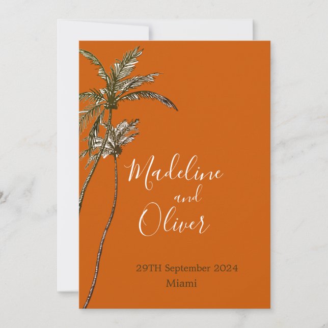 Invitation Palm Tree Burnt Orange moderne Mariage tropical (Devant)