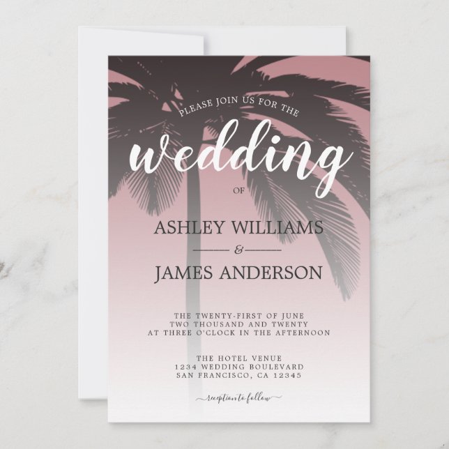 Invitation Palm Tree Dusty Rose Beach Mariage (Devant)