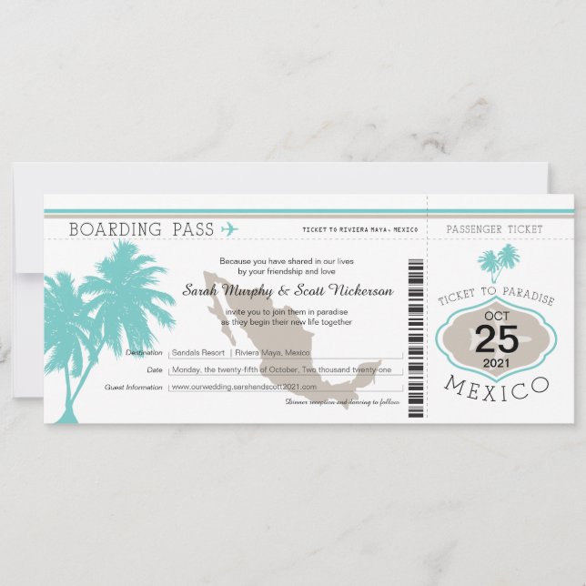 Invitation Palm Tree Mexico Boarding Pass Mariage (Devant)