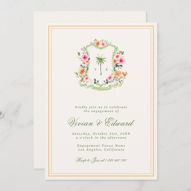 Invitation Palm Tree Monogram Tropical Beach Engagement Party (Devant / Derrière)