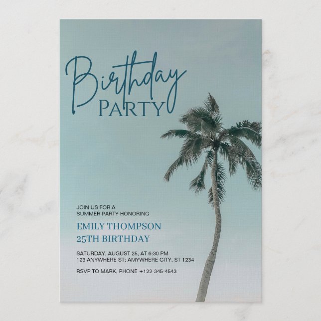 Invitation Palm Tree Tropical Beach Birthday Party  (Devant)