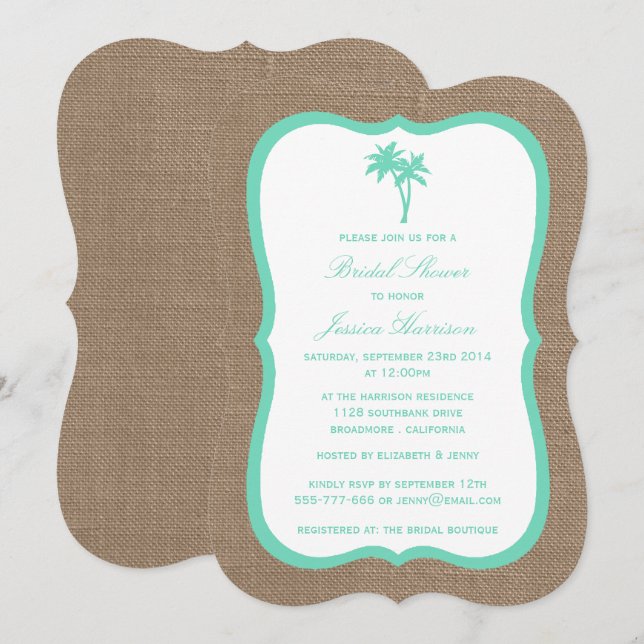 Invitation Palm Tree Tropical Burlap Beach Fête des mariées (Devant / Derrière)