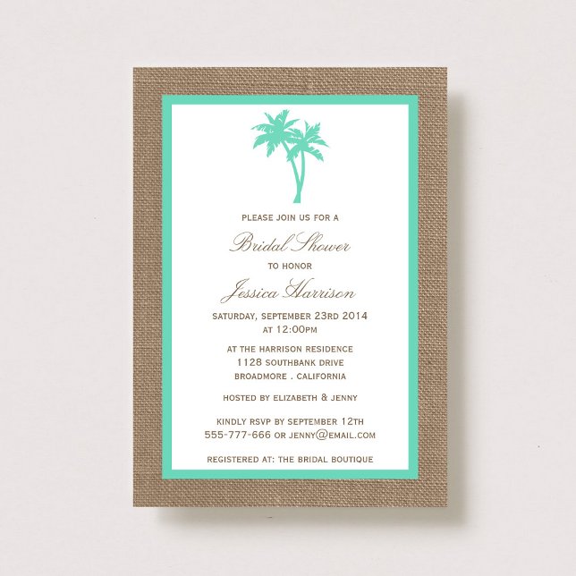 Invitation Palm Tree Tropical Burlap Beach Fête des mariées (Créateur téléchargé)