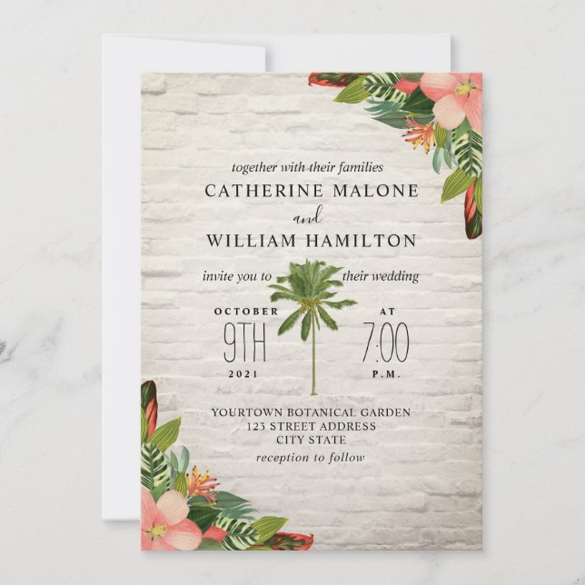 Invitation Palm Tree Tropical White Brick Mariage (Devant)