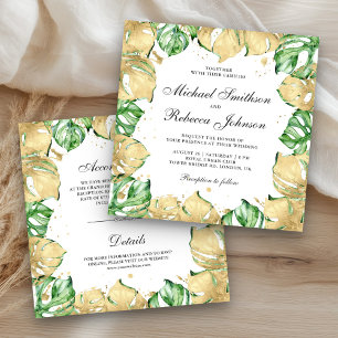 Invitation Palme Monstera Verte et Or Tout en un Mariage