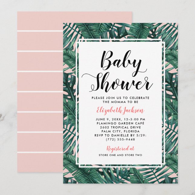 Invitation Palme Tropicale moderne Blush Feuilles Baby Girl D (Devant / Derrière)