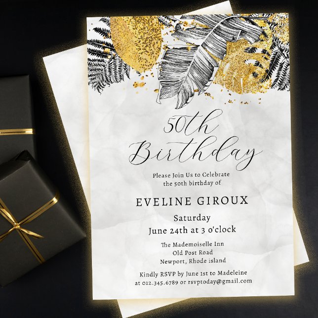 Invitation Palme tropicale Noir Blanc Or 50e anniversaire (Need matching black and gold tropical palm party supplies? Message me!)