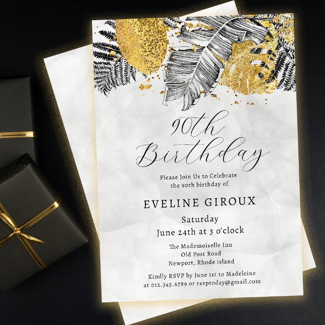 Invitation Palme tropicale Noir Blanc Or 90e anniversaire (Need matching black and gold tropical palm party supplies? Message me!)
