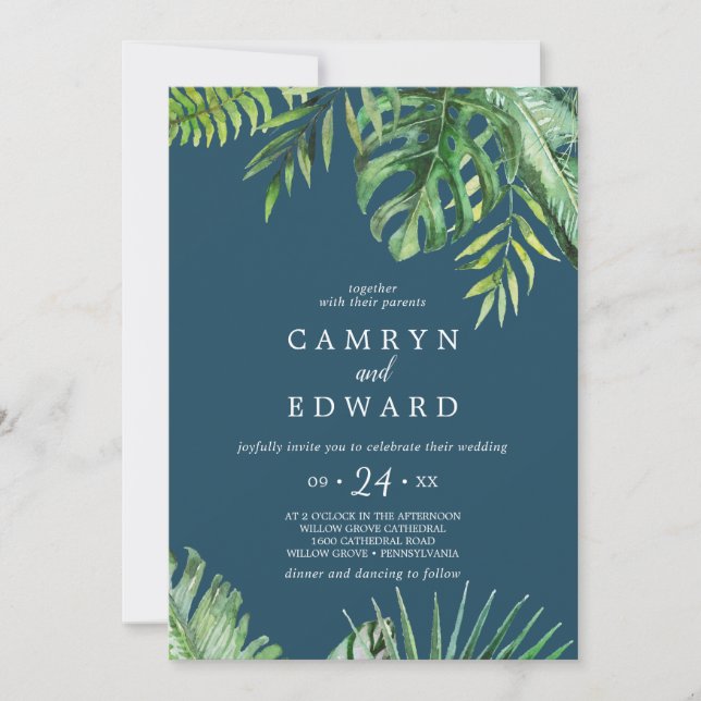 Invitation Palme tropicale sauvage | Mariage Décontracté bleu (Devant)
